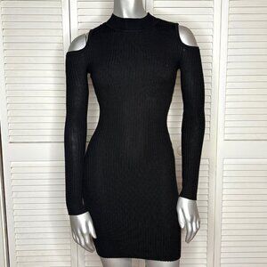 Planet Gold Black Ribbed Knit Long Sleeve COLD SHOULDER Bodycon Sweater Dress S